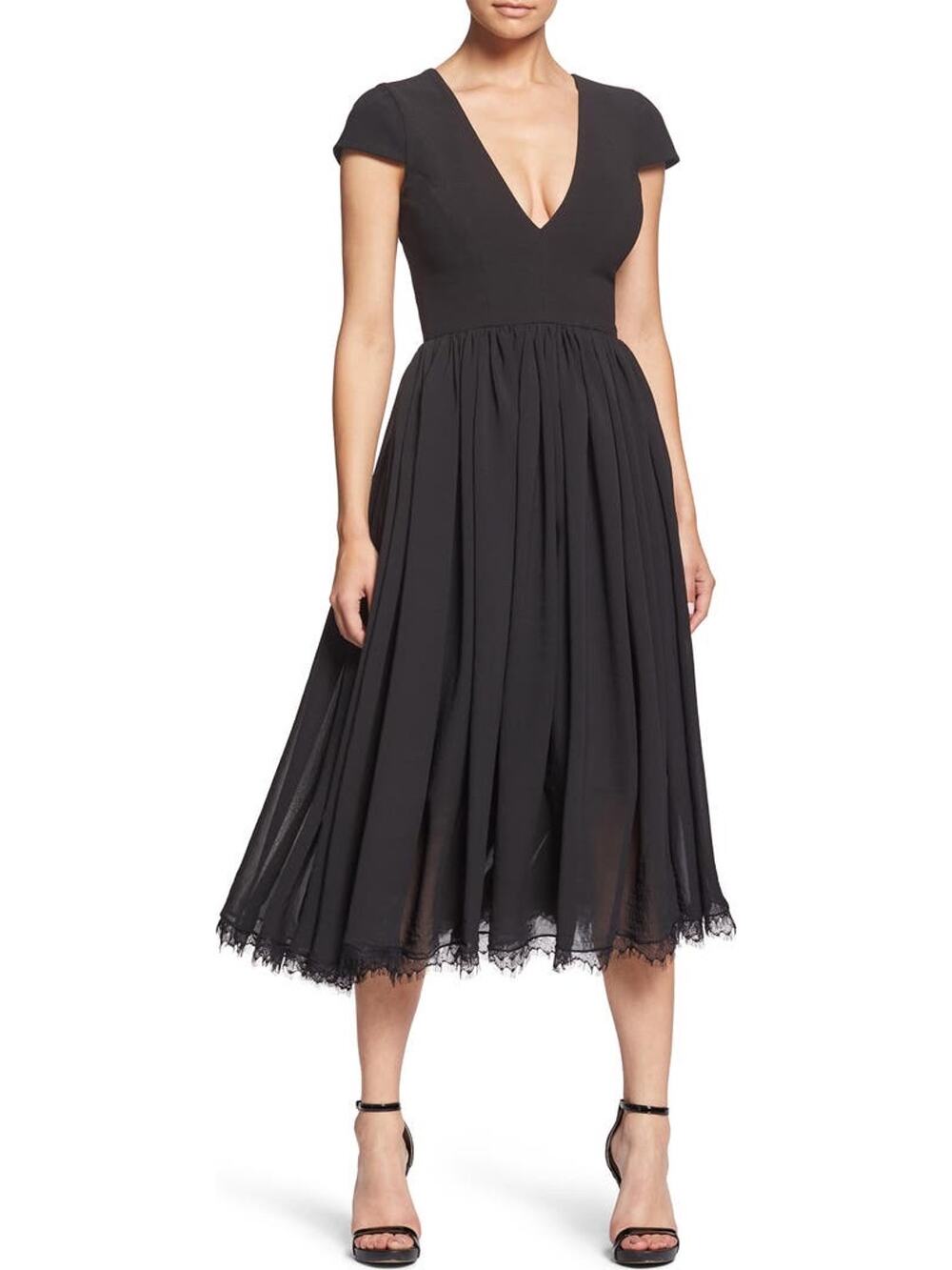 Dress the Population Corey Black Chiffon Fit & Flare Lace Cocktail Dress Small